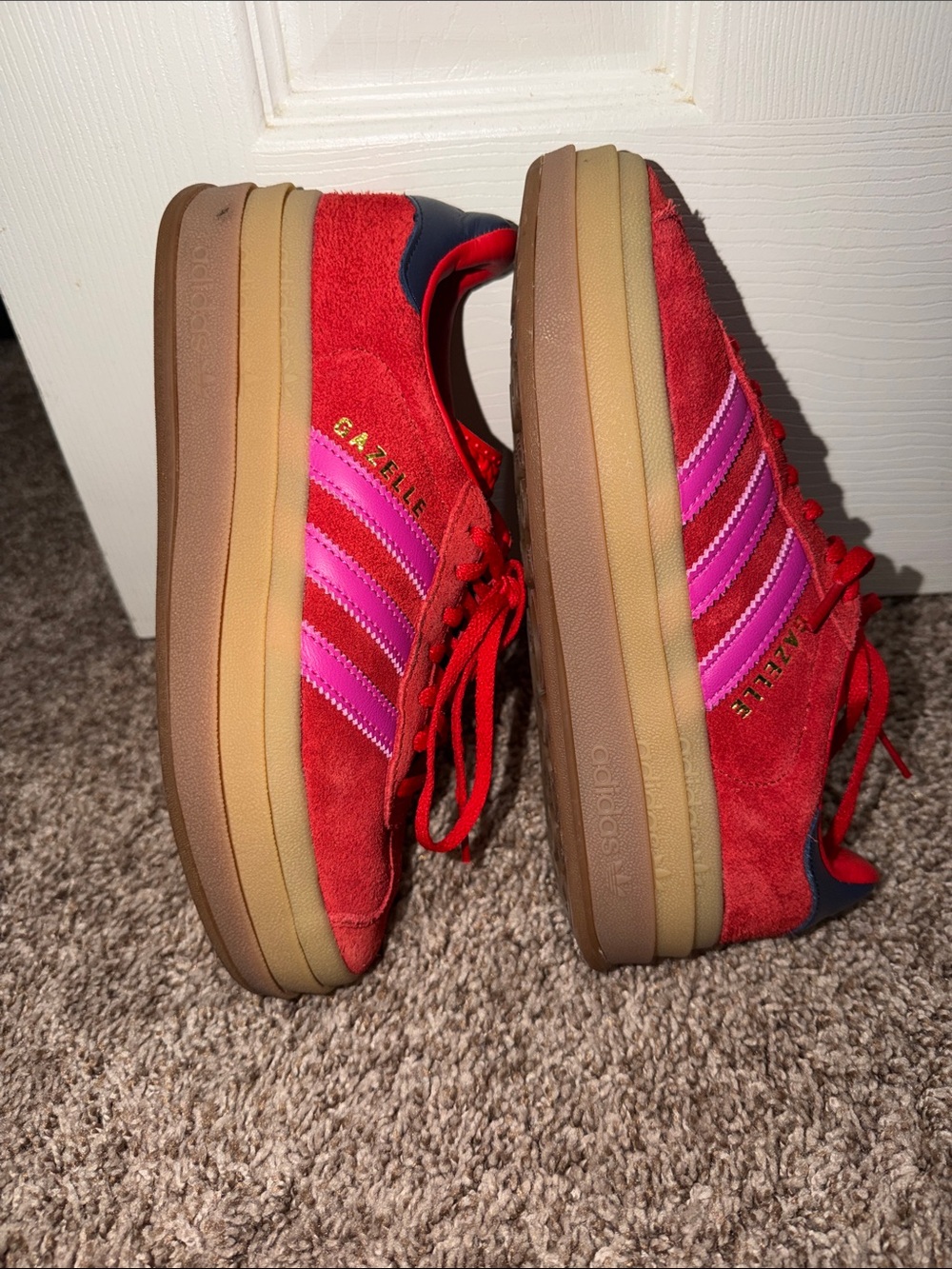 adidas Red Suede Sneakers with Pink Stripes